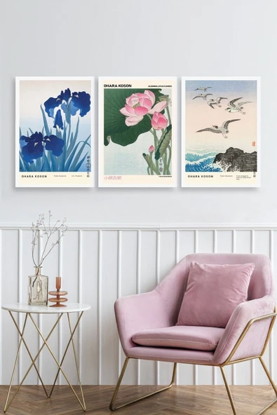 Vazodaki Çiçekler Üçlü Ahşap Çerçeveli Tablo - Resim 2