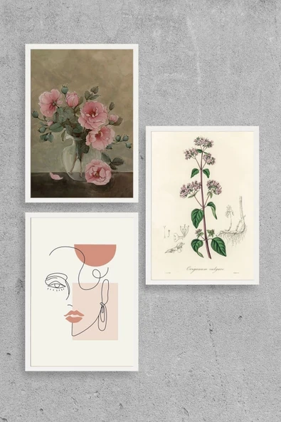 Çiçek Üçlü Ahşap Çerçeveli Tablo ürün görseli 1