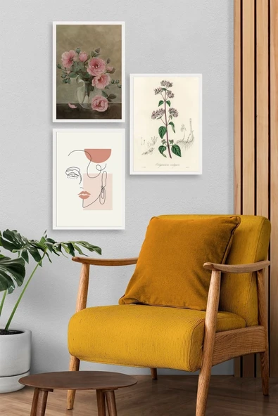 Çiçek Üçlü Ahşap Çerçeveli Tablo - Resim 3