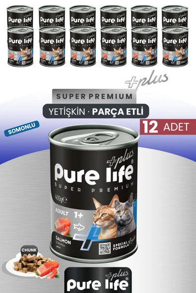 Plus 12'li Somonlu Yetişkin Konserve Chunk Parça Etli Yaş Mama 400 Gr ürün görseli 1