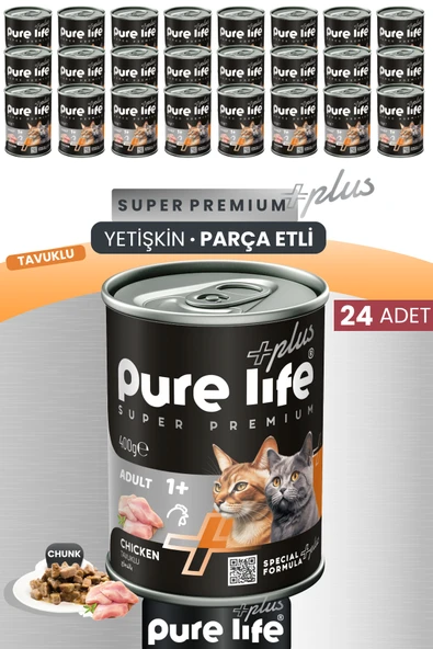 Plus 24'lü Tavuklu Yetişkin Konserve Chunk Parça Etli Yaş Mama 400 Gr ürün görseli 1