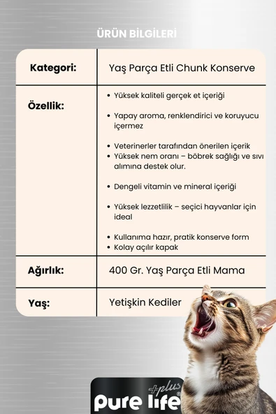 Plus 6'lı Tavuklu Yetişkin Konserve Chunk Parça Etli Yaş Mama 400 Gr - Resim 4