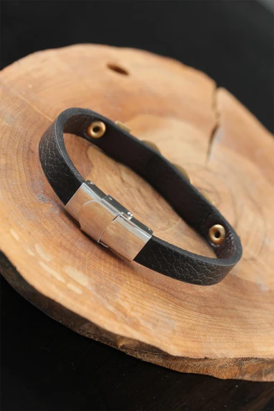 idimilla Gold Renk Sonsuzluklu Metal Aksesuarlı Siyah Deri Erkek Bileklik - Resim 2