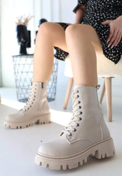 idimilla Flona Bej Cilt Bağcıklı Bot - Resim 2