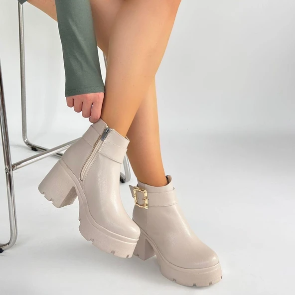 idimilla Pinma Bej Cilt Topuklu Bot - Resim 4