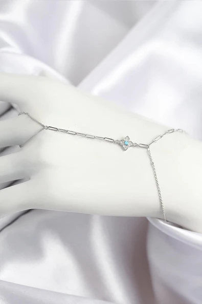 idimilla Pirinç Zirkon Taşlı Mavi Boncuklu Yonca Model Gümüş Renk Şahmeran ürün görseli 1