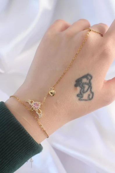 idimilla 316L Çelik Gold Renk Pembe Zirkon Taşlı Kanatlı Kalp Model Şahmeran - Resim 3
