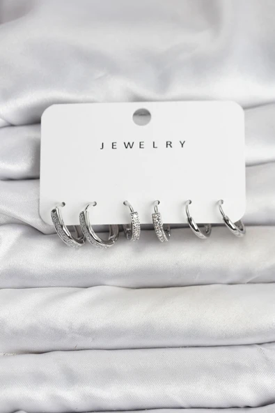 Zirkon Taşlı Gümüş Renk Pirinç Kadın Küpe Seti ürün görseli 1