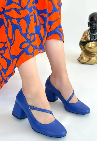 idimilla Kier Mavi Cilt Topuklu Ayakkabı - Resim 3