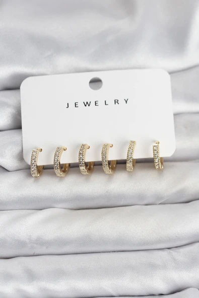 Gold Renk Pirinç Zirkon Taşlı Halka Kadın Küpe Seti ürün görseli 1