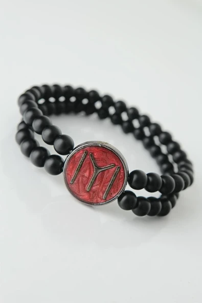 idimilla Bordo Metal Üzerine Füme Kayı Boyu Figürlü Siyah Renk Çift Sıra Doğal Taş Erkek Bileklik ürün görseli 1