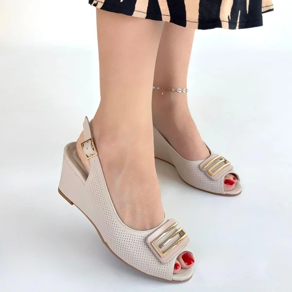 idimilla Mamba Bej Cilt Dolgu Topuk Ayakkabı - Resim 4