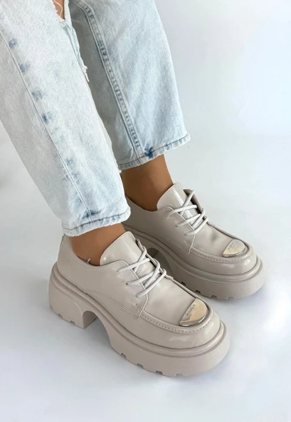 idimilla Kiya Bej Rugan Dolgu Topuk Oxford Ayakkabı - Resim 3