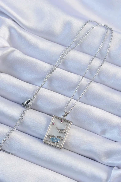 idimilla 316L Çelik Zincir Gümüş Renk Zirkon Taşlı Ay Figürlü Tarot Kolye - Resim 2