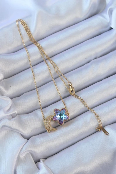 idimilla 316L Çelik Zincir Altın Renk Ay Tasarımlı Renkli Zirkon Taşlı Çiçek Kolye - Resim 2