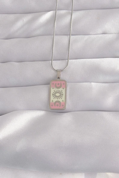 idimilla 316L Çelik Gümüş Renk Pembe Mineli Ay Figür Tarot Kolye ürün görseli 1