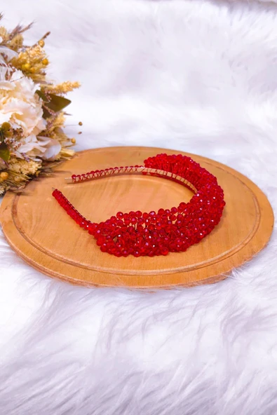 SimgeAksesuar Tamamen El Yapımı Kırmızı Kristal Taşlı Şık ve Zarif Nişan Kına ve Bindallı Tacı ve Saç Aksesuarı - Resim 2