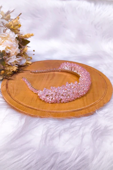 SimgeAksesuar Tamamen El Yapımı Pembe Kristal Taşlı Şık Ve Zarif Nişan Kına Ve Bindallı Tacı Ve Saç Aksesuarı - Resim 2