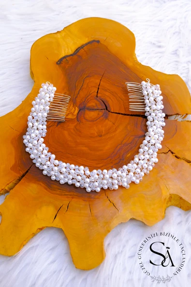 SimgeAksesuar İnci ve kristal karışımlı el yapımı nikah, nişan ve düğün tacı , saç aksesuarı ürün görseli 1