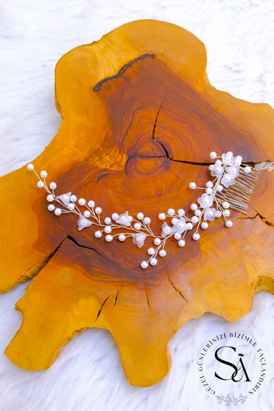 SimgeAksesuar İnci taşlar ile yapılmış el yapımı nikah, nişan ve düğün tacı , saç aksesuarı - Resim 2