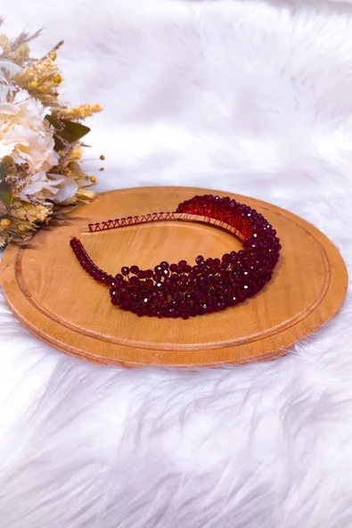 SimgeAksesuar Tamamen El Yapımı Bordo Kristal Taşlı Şık ve Zarif Nişan Kına ve Bindallı Tacı ve Saç Aksesuarı - Resim 2