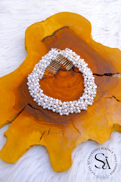SimgeAksesuar İnci ve kristal karışımlı el yapımı nikah, nişan ve düğün tacı , saç aksesuarı - Resim 3