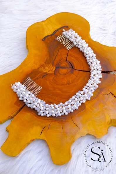 SimgeAksesuar İnci ve kristal karışımlı el yapımı nikah, nişan ve düğün tacı , saç aksesuarı - Resim 2