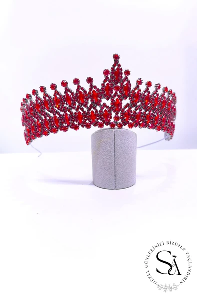 SimgeAksesuar Kırmızı kristal taşlı şık ve zarif Nişan ve Bindallı Tacı - Resim 2