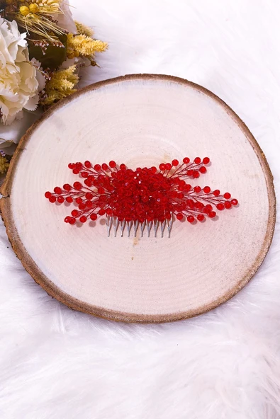 SimgeAksesuar Tamamen El Yapımı Kırmızı Renkli Kristal Taşlı Şık Ve Zarif Nişan Ve Kına Tacı , Saç Aksesuarı ürün görseli 1