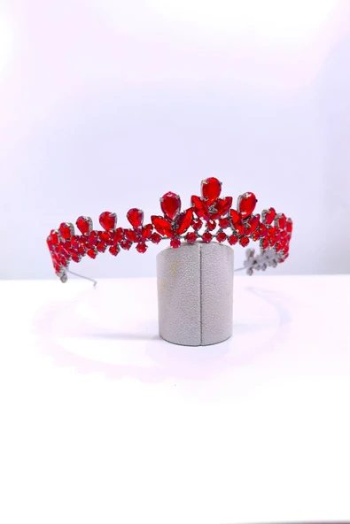 SimgeAksesuar Kırmızı kristal taşlı şık ve zarif Nişan ve Bindallı Tacı - Resim 2