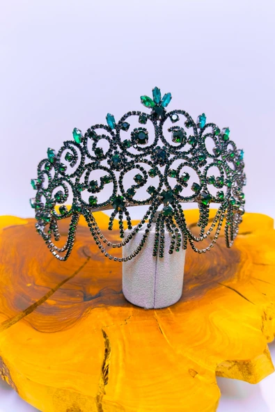 SimgeAksesuar Yeşil kristal taşlı şık ve zarif nişan ve kına tacı - Resim 2