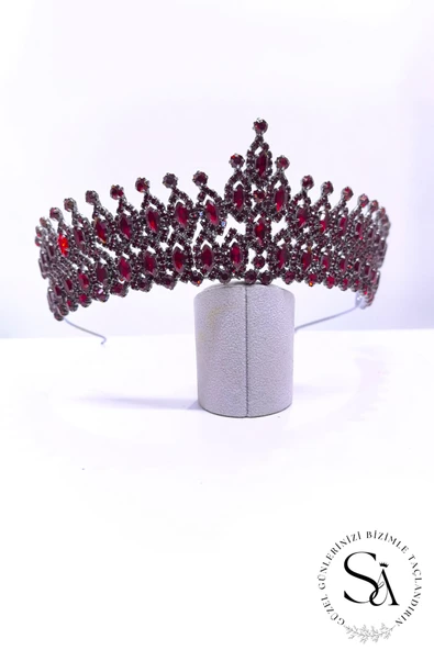 SimgeAksesuar Bordo kristal taşlı şık ve zarif nişan ve bindallı tacı - Resim 2