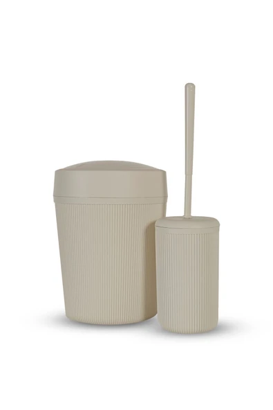 Rembox 2'li Banyo Seti - Pratik Kapaklı Çizgili Çöp Kovası - Fırça Seti 7 lt Çöp Kutusu Banyo Takımı - Resim 2