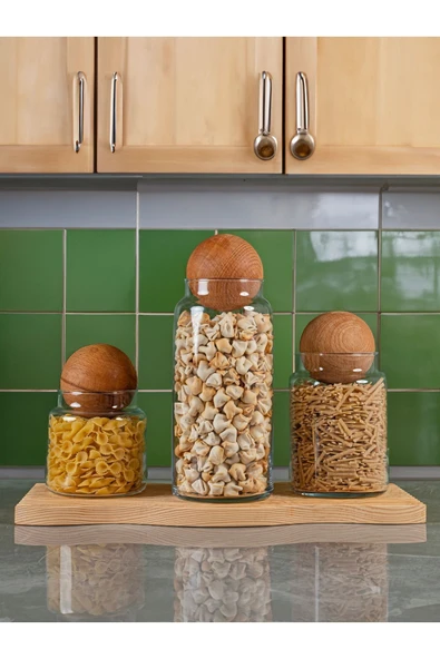 Rembox 3'lü Ahşap Top Kapaklı Cam Kavanoz Seti - Erzak Kabı - Baharatlık - Çerezlik Saklama Kabı ürün görseli 1