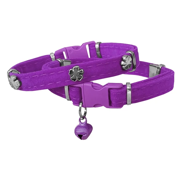 Kadife Kedi Boyun Tasması Yoncalı 20-32 cm Mor ürün görseli 1