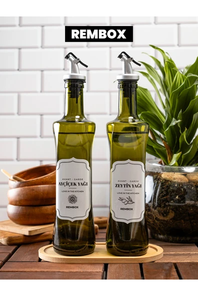 Rembox Bambu Standlı 2'li Yağdanlık Seti 500ml Sirkelik Yağdanlık Zeytinyağ Şişesi - Suya Dayanıklı Etiket ürün görseli 1