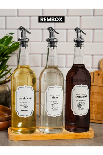 Rembox Ahşap Standlı 3'lü Gümüş Tıpalı Zeytinyağ Sirke ve Nar Ekşisi Seti 750ml Yağlık Şişesi Yağdanlık Set ürün görseli 1