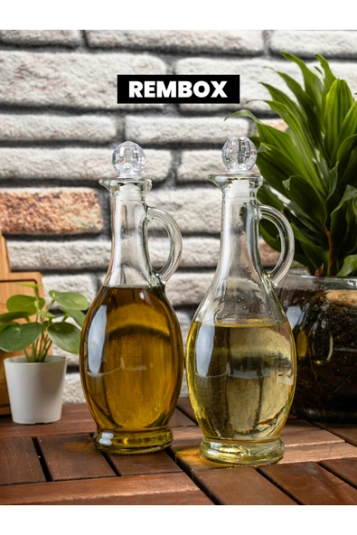 Rembox Kulplu 2'li Yağdanlık Seti - Kristal Tıpalı 500 ml Zeytinyağ Sıvıyağ Sirke Nar Ekşisi Şişesi ürün görseli 1
