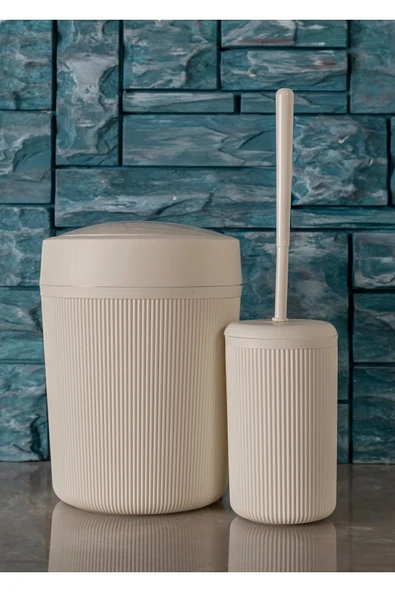 Rembox 2'li Banyo Seti - Pratik Kapaklı Çizgili Çöp Kovası - Fırça Seti 7 lt Çöp Kutusu Banyo Takımı ürün görseli 1