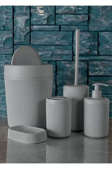 Rembox 5'li Banyo Seti 7 Lt Çöp Kovası Tuvalet Fırçası Lavabo Takımı Sabunluk Diş Fırçalık Banyo Takımı ürün görseli 1