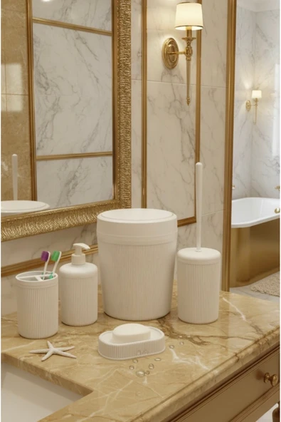 Rembox 5'li Banyo Seti 5 Lt Çöp Kovası Tuvalet Fırçası Lavabo Takımı Sabunluk Diş Fırçalık Banyo Takımı - Resim 3