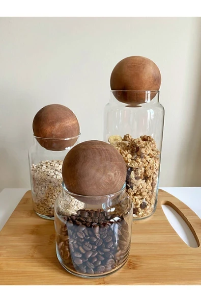 Roza Homee 3'lü Ahşap Top Mantar Kapaklı Cam Kavanoz Seti ürün görseli 1
