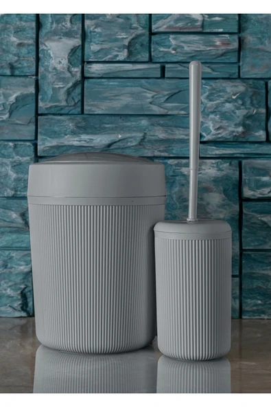 Rembox 2'li Banyo Seti - Pratik Kapaklı Çizgili Çöp Kovası - Fırça Seti 7 lt Çöp Kutusu Banyo Takımı ürün görseli 1