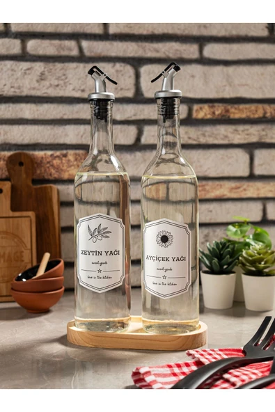Rembox Ahşap Standlı 2'li Yağ ve Sirke Şişesi 750 ml Zeytinyağ Sıvıyağ Şişesi Şeffaf Yağdanlık Yağlık ürün görseli 1