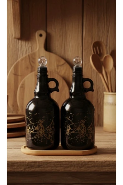 Rembox İkili Siyah Mermer Desenli 1000 ml Kristal Tıpalı Bambu Tabanlı Premium Cam Yağdanlık Seti ürün görseli 1