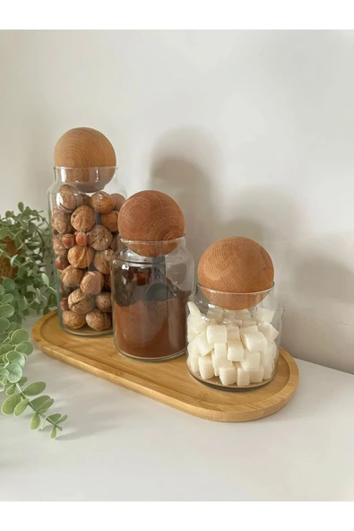 Bade Home 3'lü Ahşap Top Mantar Kapaklı Cam Kavanoz Seti Şekerlık Çerezlik Ve Baharatlık Ve Saklama Kabı - Resim 2