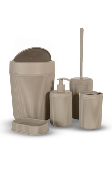 Rembox 5'li Banyo Seti 5 Lt Çöp Kovası Tuvalet Fırçası Lavabo Takımı Sabunluk Diş Fırçalık Banyo Takımı bej ürün görseli 1