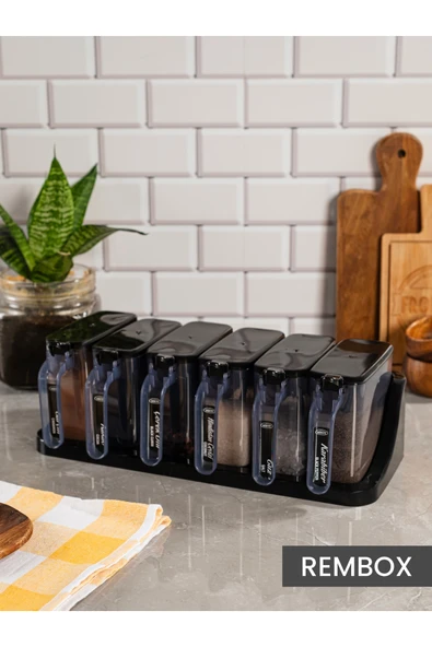 Rembox Yapışkanlı Standlı Baharatlık 6'lı Kaşıklı Kapaklı Baharatlık Takımı - Etiketli Baharatlık Set Siyah ürün görseli 1