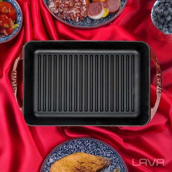 Lava Döküm Dikdörtgen Izgara Tavası Döküm Demir Yekpare Çift Kulplu Ölçü 22x32cm.-Bordo - Resim 7