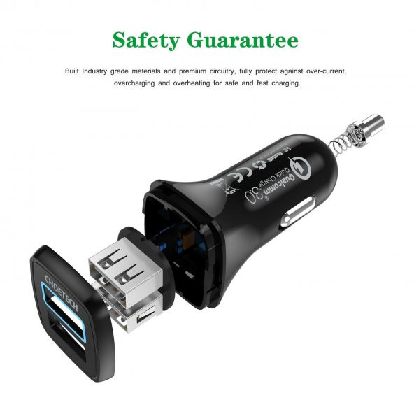 Choetech 36W Çift USB Çıkışlı Quickcharge 3.0 Araç Şarj Cihazı - C0051-V5 - Siyah - 2